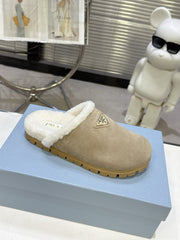PRADA 25S FUR-LINED SABOT MULES IN BEIGE SUEDE