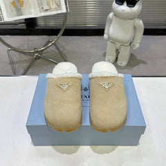 PRADA 25S FUR-LINED MULES IN BEIGE SUEDE