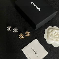 DOUBLE C STUD EARRINGS IN GOLD METAL FULLY DIAMOND