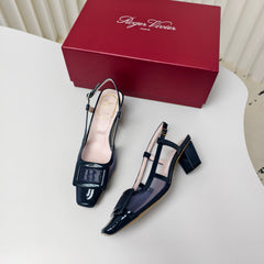 ROGER VIVIER 25S BELLE VIVIER SLINGBACK PUMPS 45MM IN NAVY BLUE MESH FABRIC