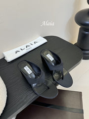 ALAIA WEDGE THONG SANDALS 25S IN BLACK SATIN