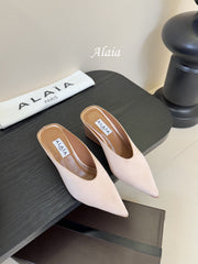 ALAIA HIGH MULES 25S IN BLUSH BEIGE SATIN