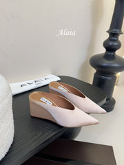 ALAIA HIGH MULES 25S IN BLUSH BEIGE SATIN