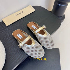 ALAIA FLAT MULES 25S IN GREY MIX GOLD WOVEN MESH