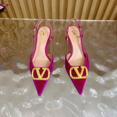 VALENTINO 25S HIGH-HEEL SLINGBACKS IN DARK PINK VELVET WITH GOLD HARDWARE