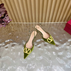 VALENTINO 25S HIGH-HEEL SLINGBACKS IN MOSS GREEN VELVET WITH GOLD HARDWARE