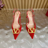 VALENTINO 25S HIGH-HEEL SLINGBACKS IN RED VELVET WITH GOLD HARDWARE