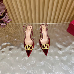 VALENTINO 25S HIGH-HEEL SLINGBACKS IN DARK RED VELVET WITH GOLD HARDWARE