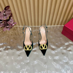 VALENTINO 25S HIGH-HEEL SLINGBACKS IN DARK GREEN VELVET WITH GOLD HARDWARE