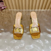 VALENTINO 25S HIGH-HEEL MULES 60 MM IN GOLD PATENT CALFSKIN WITH CRYSTAL-EMBELLISHED STRAP