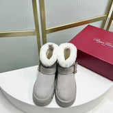 VIV’ WINTER FUR STRASS BUCKLE ANKLE BOOTS IN LIGHT GREY SUEDE