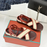 SANDALS THICK SOLE CROSS STRAP IN BEIGE FABRIC AND ORANGE CALFSKIN