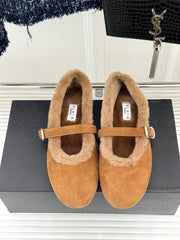 SHEARLING BALLET FLATS IN TAN BROWN SUEDE