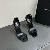 YSL HEELED SANDALS 25S 105 MM IN BLACK GLOSSY LAMBSKIN WITH GOLD HARDWARE