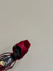 YSL STRAPPY WEDGE SANDALS 25S IN DARK RED SATIN