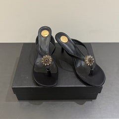 YSL HEELED THONG SANDALS 25S IN BLACK SATIN WITH CRYSTAL