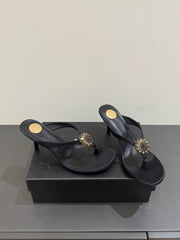 YSL HEELED THONG SANDALS 25S IN BLACK SATIN WITH CRYSTAL