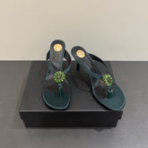 YSL HEELED THONG SANDALS 25S IN DARK ARMY GREEN SATIN WITH CRYSTAL
