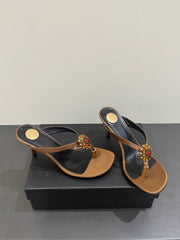 YSL HEELED THONG SANDALS 25S IN BROWN SATIN WITH CRYSTAL