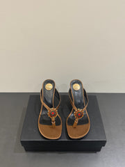 YSL HEELED THONG SANDALS 25S IN BROWN SATIN WITH CRYSTAL