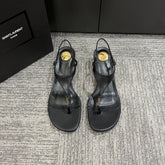 YSL WEDGE THONG SANDALS 25S IN BLACK LAMBSKIN WITH GOLD HARDWARE