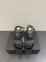 YSL KITTEN HEEL SANDALS 25S IN BLACK GLOSSY LAMBSKIN