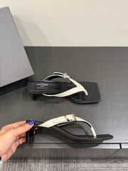 BALENCIAGA 25S HIGH-HEELED FLIP-FLOPS IN WHITE MIX BLACK CALFSKIN WITH SILVER HARDWARE