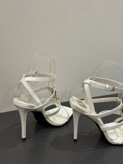 YSL SINGLE-STRAP HEELED SANDALS 25S IN WHITE LAMBSKIN