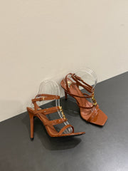 YSL SINGLE-STRAP HEELED SANDALS 25S IN BROWN LAMBSKIN