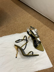YSL HIGH HEEL SANDALS 25S IN MOSS GREEN SATIN AND LAMBSKIN