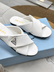 PRADA 25S SLIDE SANDALS IN WHITE CALFSKIN LOGO