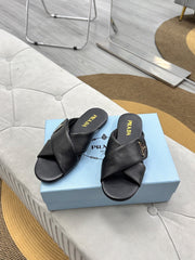 PRADA 25S SLIDE SANDALS IN BLACK CALFSKIN LOGO