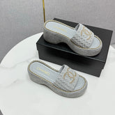 CC WEDGE SOLE SANDALS 25S IN DUSTY BLUE GREY FABRIC WITH LOGO