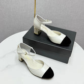 CC MARY JANE HEELS 25S IN WHITE LAMBSKIN AND BLACK SUEDE WITH PEARL HEEL STYLE 7