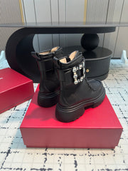 VIV' RANGERS ANKLE BOOTS IN BLACK CALFSKIN STRASS BUCKLE