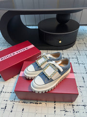 VIV' GO-THICK STRASS BUCKLE SLIP-ON SNEAKERS IN BLUE DENIM