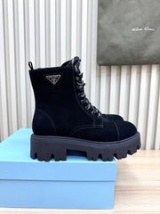 PRADA 25S MONOLITH BOOTS IN BLACK SUEDE