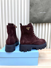 PRADA 25S MONOLITH BOOTS IN DARK PLUM BROWN SUEDE
