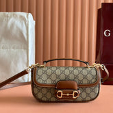 SMALL HORSEBIT 1955 SHOULDER BAG 22.6 IN BEIGE/EBONY GG WITH BROWN CALFSKIN TRIM