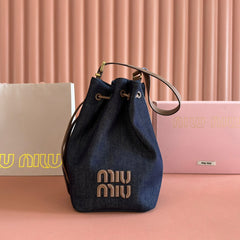 BUCKET BAG 29 DENIM BLUE AND BRANDY IN CANVAS