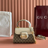 GUCCI 25S HORSEBIT 1955 MEDIUM SHOULDER BAG 22 CM IN BEIGE CANVAS AND CREAM WHITE CALFSKIN WITH GOLD HARDWARE