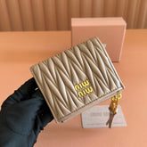 MIUMIU 26S SMALL MATELASSE CARD HOLDER 11 IN LIGHT BROWN CALFSKIN GOLD HARDWARE