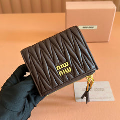 MIUMIU 26S SMALL MATELASSE CARD HOLDER 11 IN DARK BROWN CALFSKIN GOLD HARDWARE