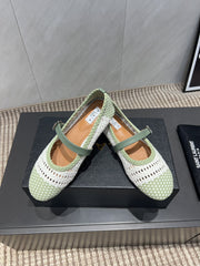 ALAIA MARY JANE FLATS WOVEN PATTERN 25S IN WHITE MIX PASTEL GREEN CALFSKIN