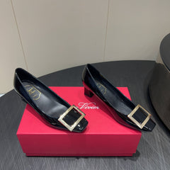 ROGER VIVIER 25S BELLE VIVIER PUMPS 45MM IN BLACK CALFSKIN GOLD BUCKLE