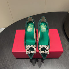ROGER VIVIER 25S POINTED TOE HIGH HEELS 70MM IN TEAL GREEN VELVET EMBELLISHED CRYSTALS