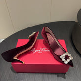 ROGER VIVIER 25S POINTED TOE HIGH HEELS 70MM IN WINE RED VELVET EMBELLISHED CRYSTALS