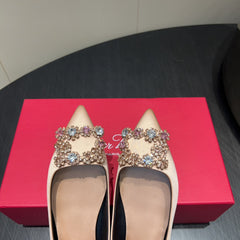 ROGER VIVIER 25S GRETE BALLET FLATS IN DARK NUDE SILK WITH EMBELLISHED CRYSTALS