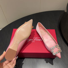 ROGER VIVIER 25S GRETE BALLET FLATS IN BABY PINK SILK WITH EMBELLISHED CRYSTALS