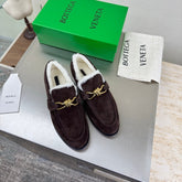 BOTTEGA VENETA 26S LOAFERS IN DARK BROWN SUEDE AND WHITE WOOL WITH GOLD HARDWARE